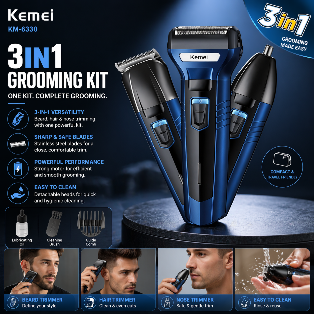 Kemei Km-6330 3 In 1 Professional Hair Trimmer Super Grooming Kit Shaver Clipper Nose Trimmer - Image 2