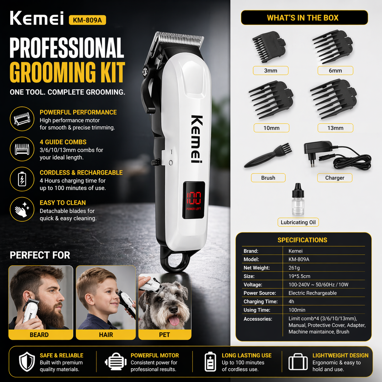 Kemei KM-809A Digital Electric Rechargeable Professional Hair Clipper Trimmer - Image 2