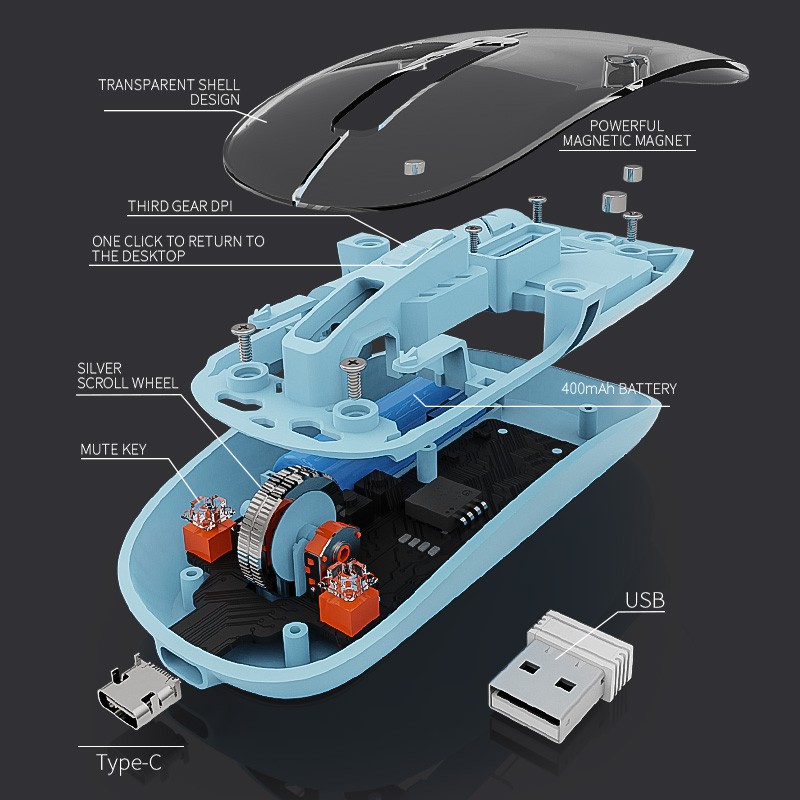 Duel Transparent Rechargeable Wireless Mouse – Ultra Slim Silent Click Edition - Image 3