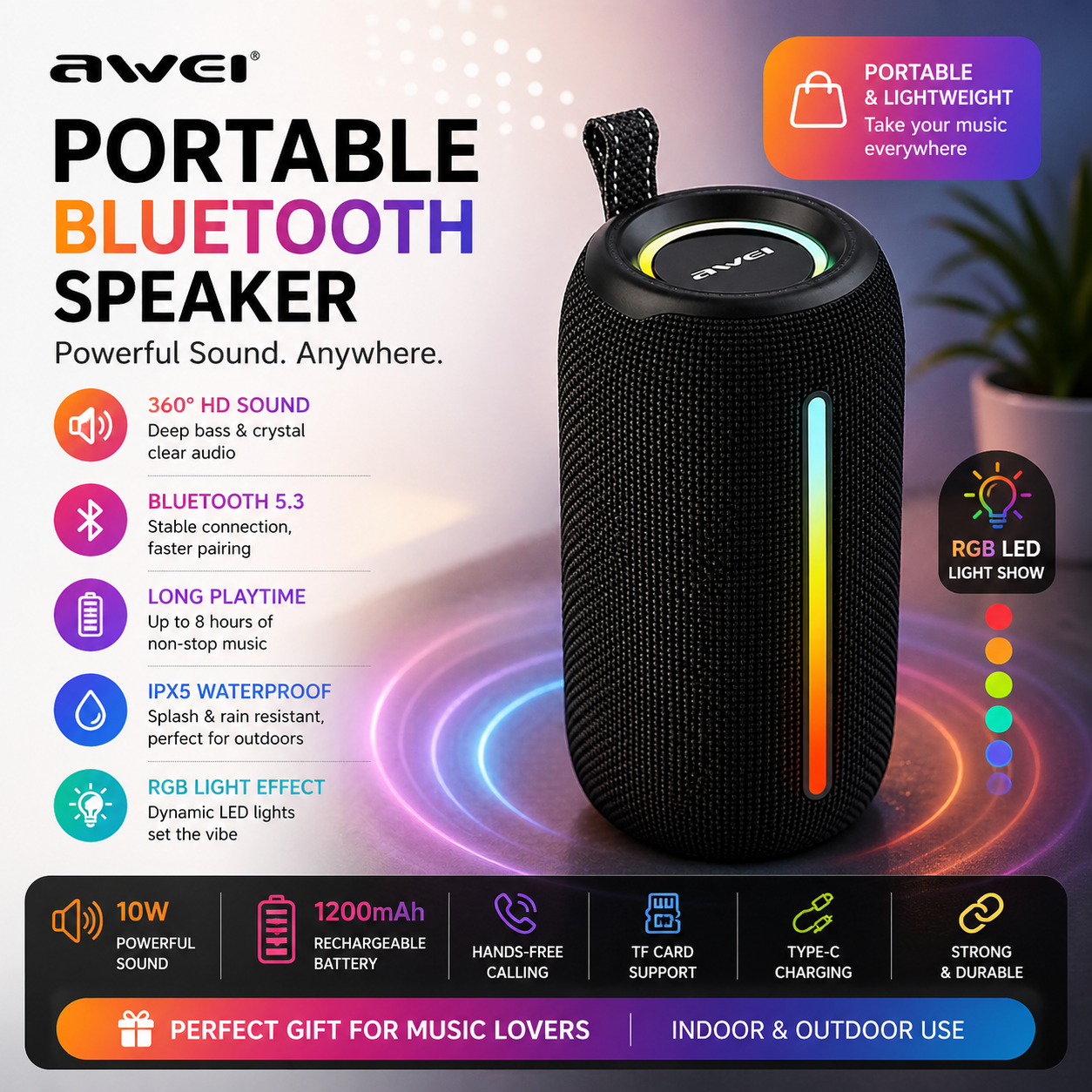 Awei Y788 RGB Outdoor Portable Bluetooth Speaker - Image 2
