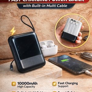 🔋 10000mAh Fast Charging Power Bank-(মাল্টি কেবল সাপোর্টসহ)