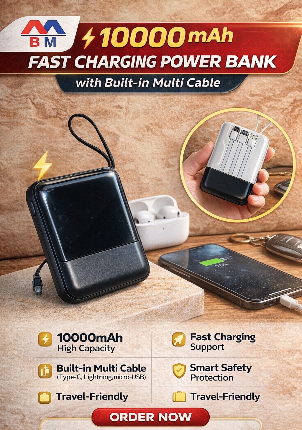 đ 10000mAh Fast Charging Power Bank-(āĻŽāĻžāϞā§āĻāĻŋ āĻā§āĻŦāϞ āϏāĻžāĻĒā§āϰā§āĻāϏāĻš)