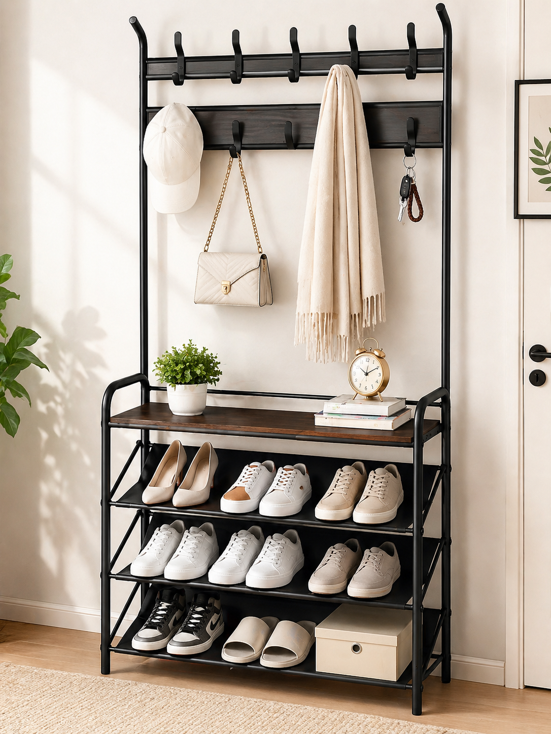 Metal Shoe Rack with Coat and Bag Stand | মাল্টি-ফাংশনাল মেটাল শু র্যাক কোট ও ব্যাগ হ্যাঙ্গিং স্ট্যান্ডসহ - Image 2