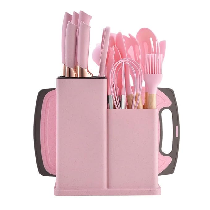 19 Pieces Kitchen Utensils and Knife Set with Block Silicone Cooking Utensils